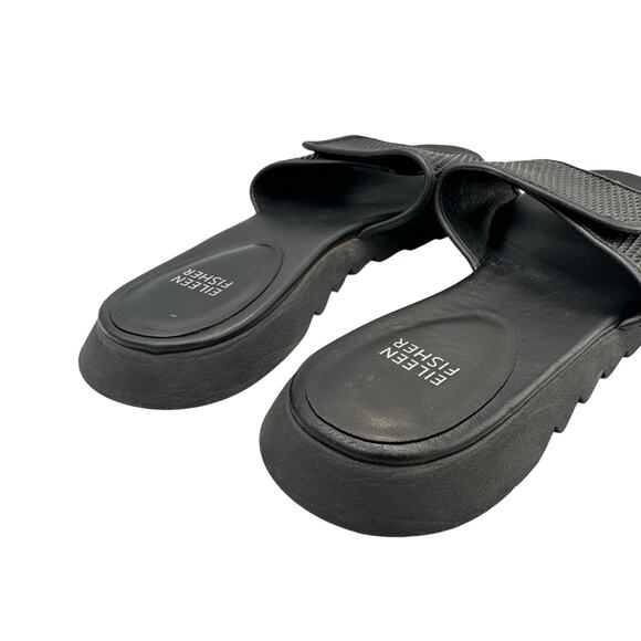 Eileen Fisher Black Textured Adjustable Hook & Loop Open Toe Flat Slide Sandals - Picture 8 of 10